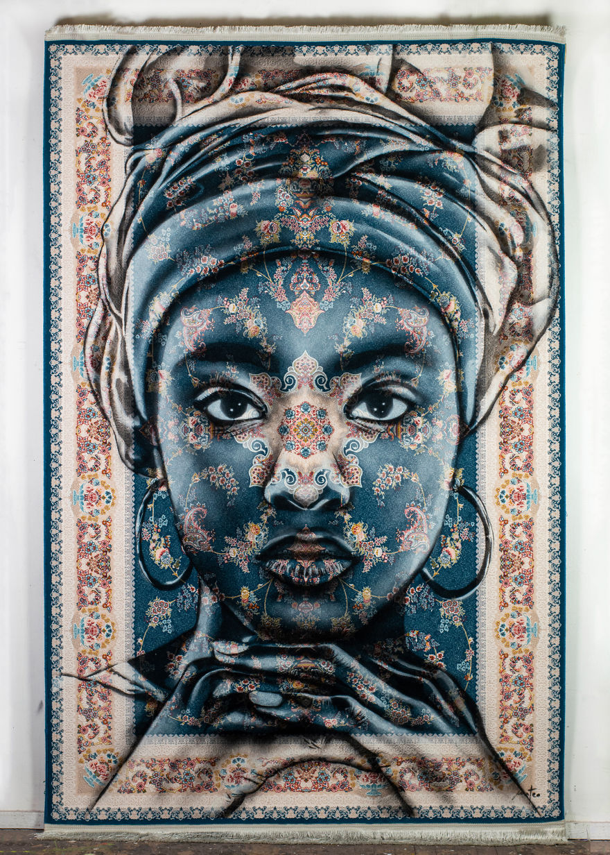 I Use Traditional Persian Rugs As Canvas To Spray-Paint Female Portraits (61 Pics)